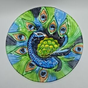 Peacock Reverse Applied Glaze Glass Plate/Shallow Bowl Majolica Style Relief, 8"